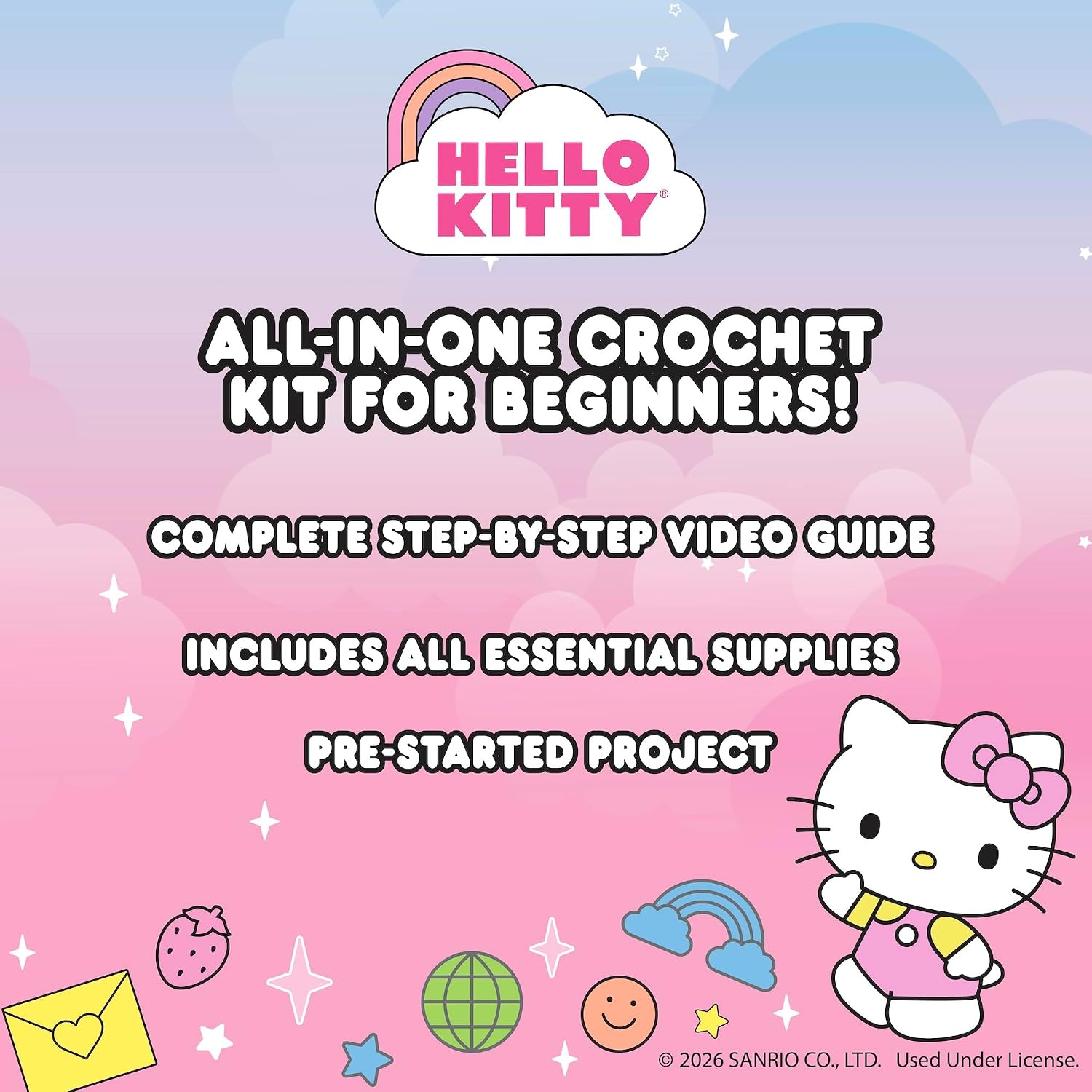 Hello Kitty® and Friends Crochet Kit – Hello Kitty® Bag Charm, Sanrio Crochet Kit for Beginners with Yarn, Starter Hooks, Step-by-Step Tutorials, DIY Craft, Great Teen Gifts