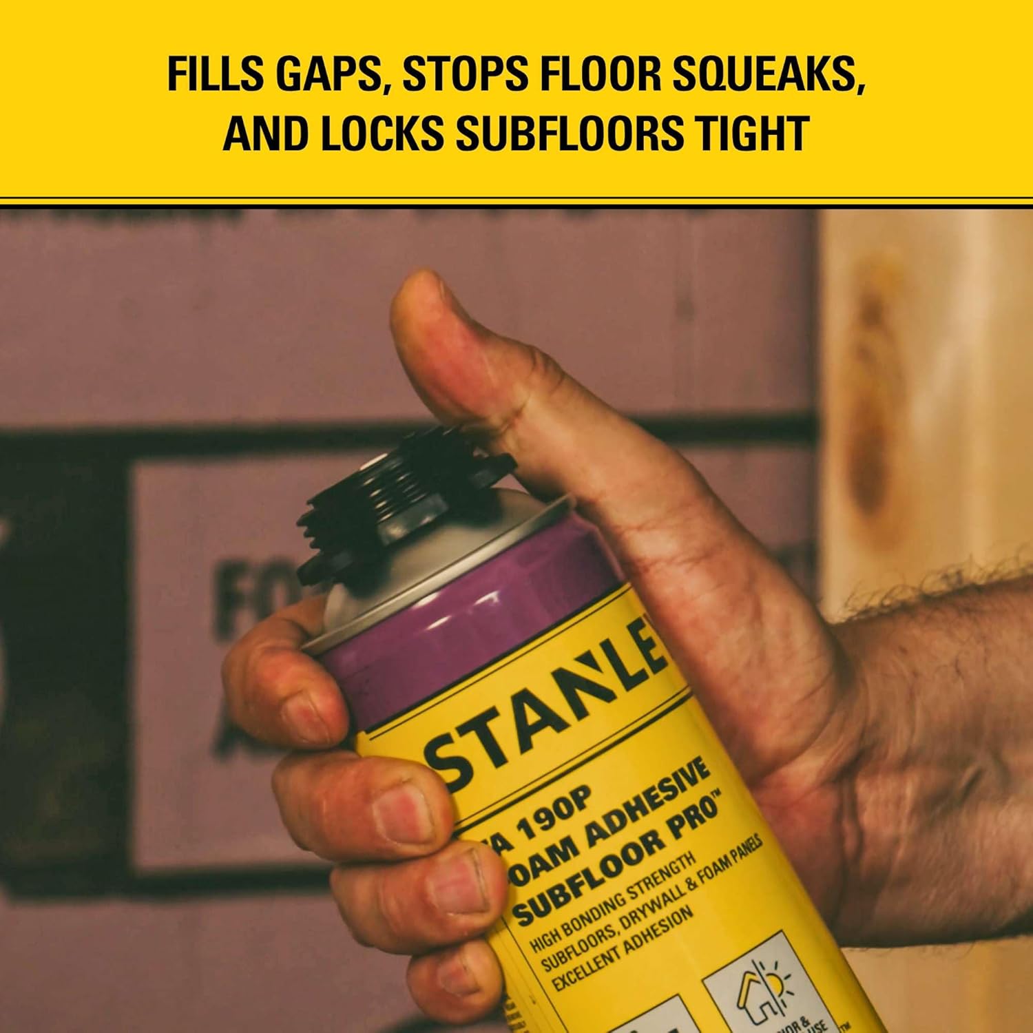 Stanley FA190P Subfloor Adhesive Kit (1x24 Oz) – Polyurethane Expanding Foam Construction Adhesive with Strong Bonding for Wood, Concrete, Metal – High Coverage | Gun&Cleaner Included | 1 Pack