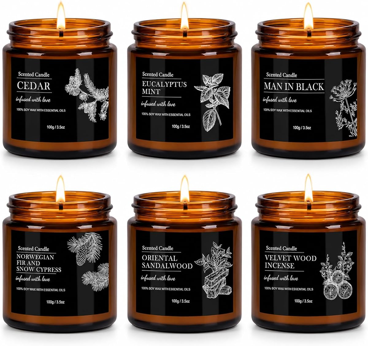 Velas perfumadas para hombres, paquete de 6 velas de cera de soja | Velas de aromaterapia de cedro y sándalo de 150 horas de duración de combustión, regalos para cumpleaños, Navidad, hombres, papá, marido, novio