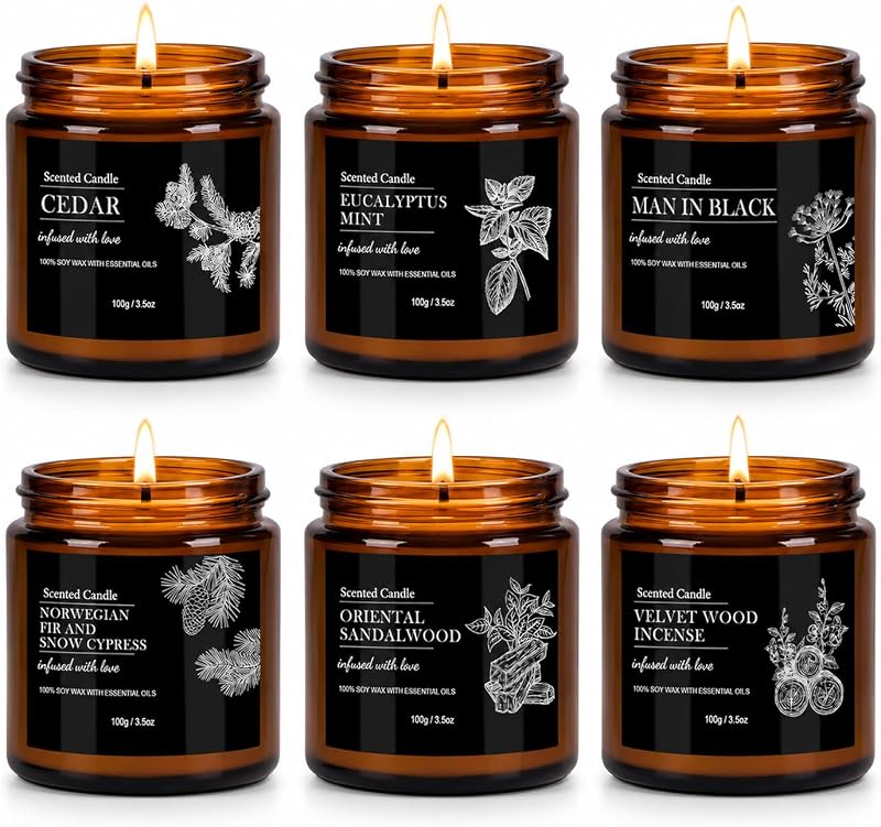Velas perfumadas para hombres, paquete de 6 velas de cera de soja | Velas de aromaterapia de cedro y sándalo de 150 horas de duración de combustión, regalos para cumpleaños, Navidad, hombres, papá, marido, novio