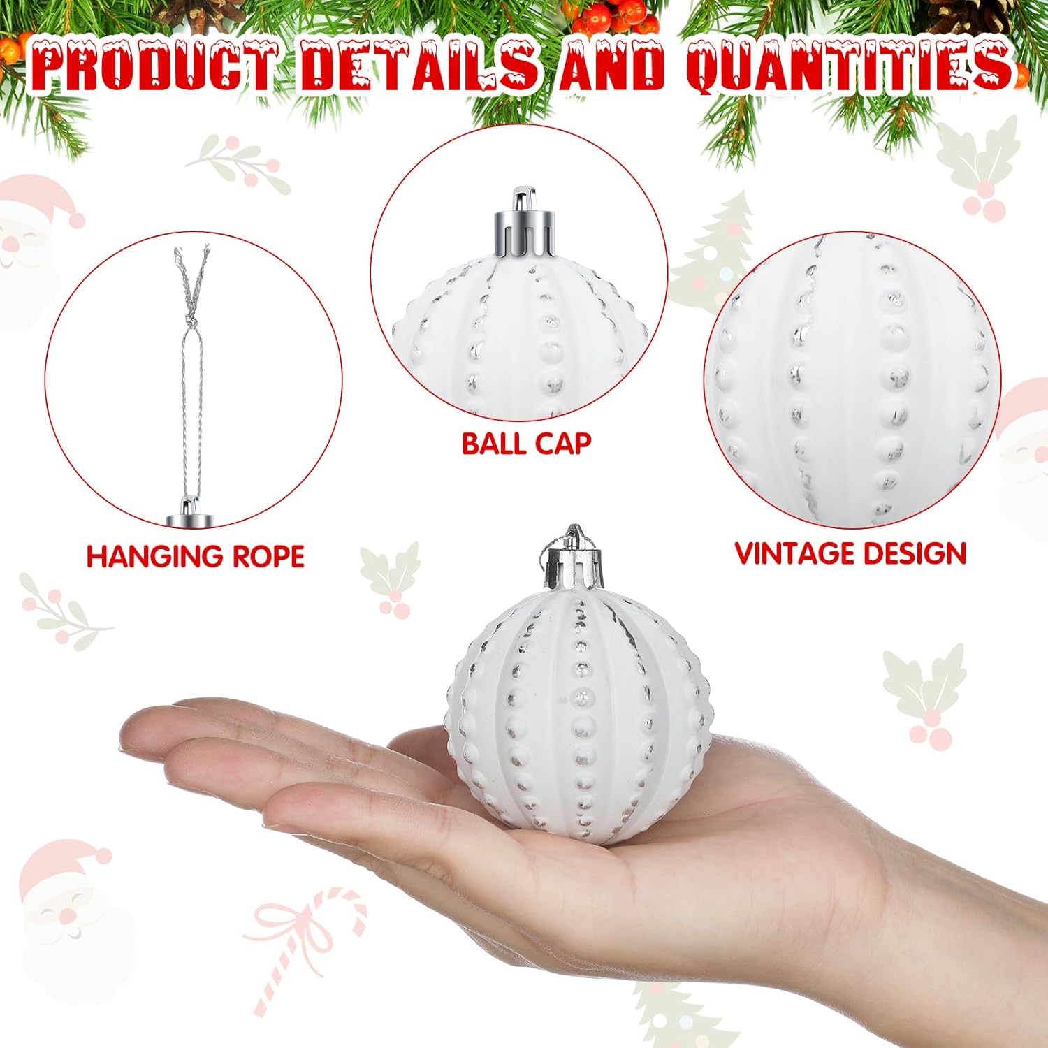 Liliful 36 Pcs Farmhouse Ball Ornaments Set Distressed Christmas Tree Ornaments Vintage Christmas Balls for Retro Holiday Party Decor (White-Silver)