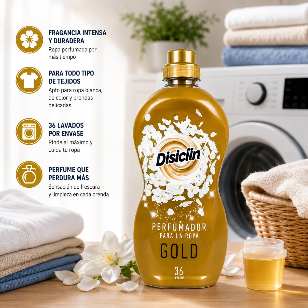 Disclin Perfumador para la Ropa Gold 720 ml | Pack de 12 Unidades | Aditivo Líquido para Lavadora | Intensificador de Fragancia | Aroma Floral Duradero | RASMACOR