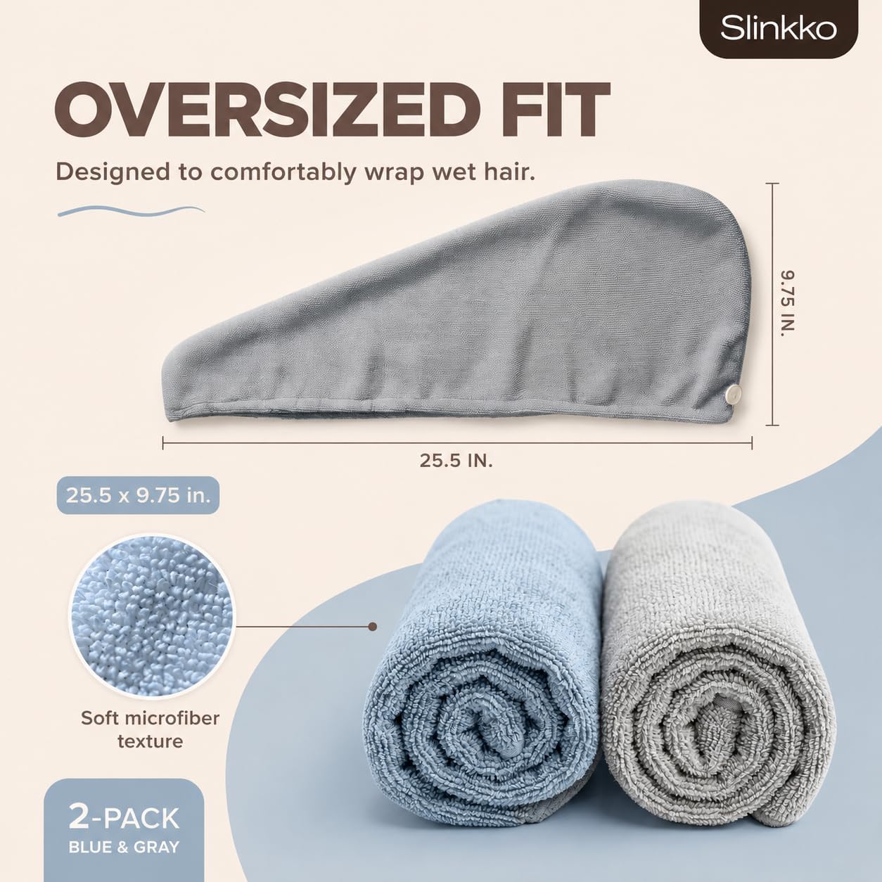 Microfiber Hair Towel Wrap for Women – Ultra Absorbent Quick Dry Turban | Button & Loop Design | Soft Lightweight Fabric | Reduces Frizz & Breakage | All Hair Types | Blue & Grey