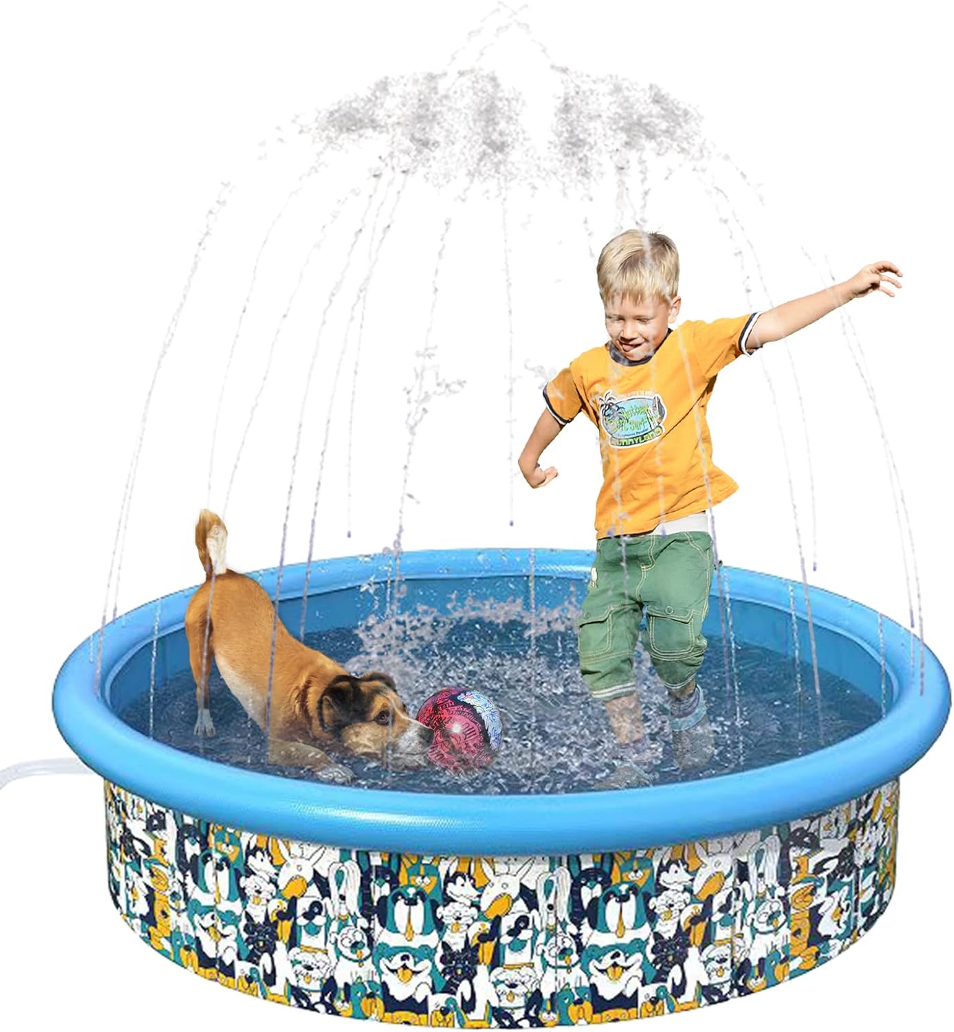 Foldable Pool with Sprinkler for Large Dog Splash Pet Bath Pool Collapsible Portable Hard Plastic PVC Pool Sprinkler Toy Bathing Tub Durable Indoor & Outdoor Swimming Kiddie Pool for Dogs Cats 63"