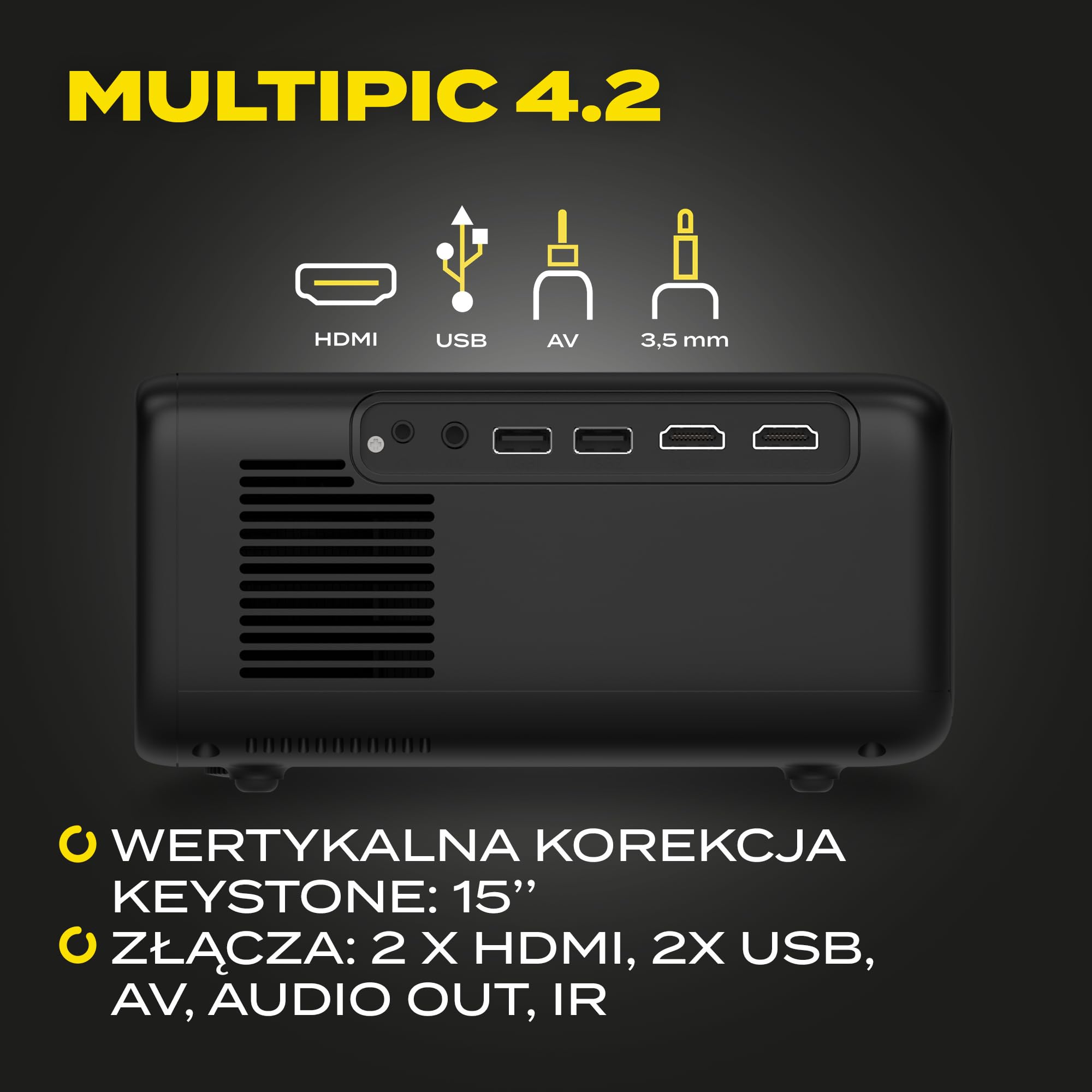 Overmax Multipic 4.2 Full HD 1080p projektor LED 200", 4500 lumenów, system 4-soczewkowy, WiFi 2.4 5G BT HDMI, USB głośnik 360°, rotacja obrazu, przeżyj EURO 2024 i wieczory kina domowego w