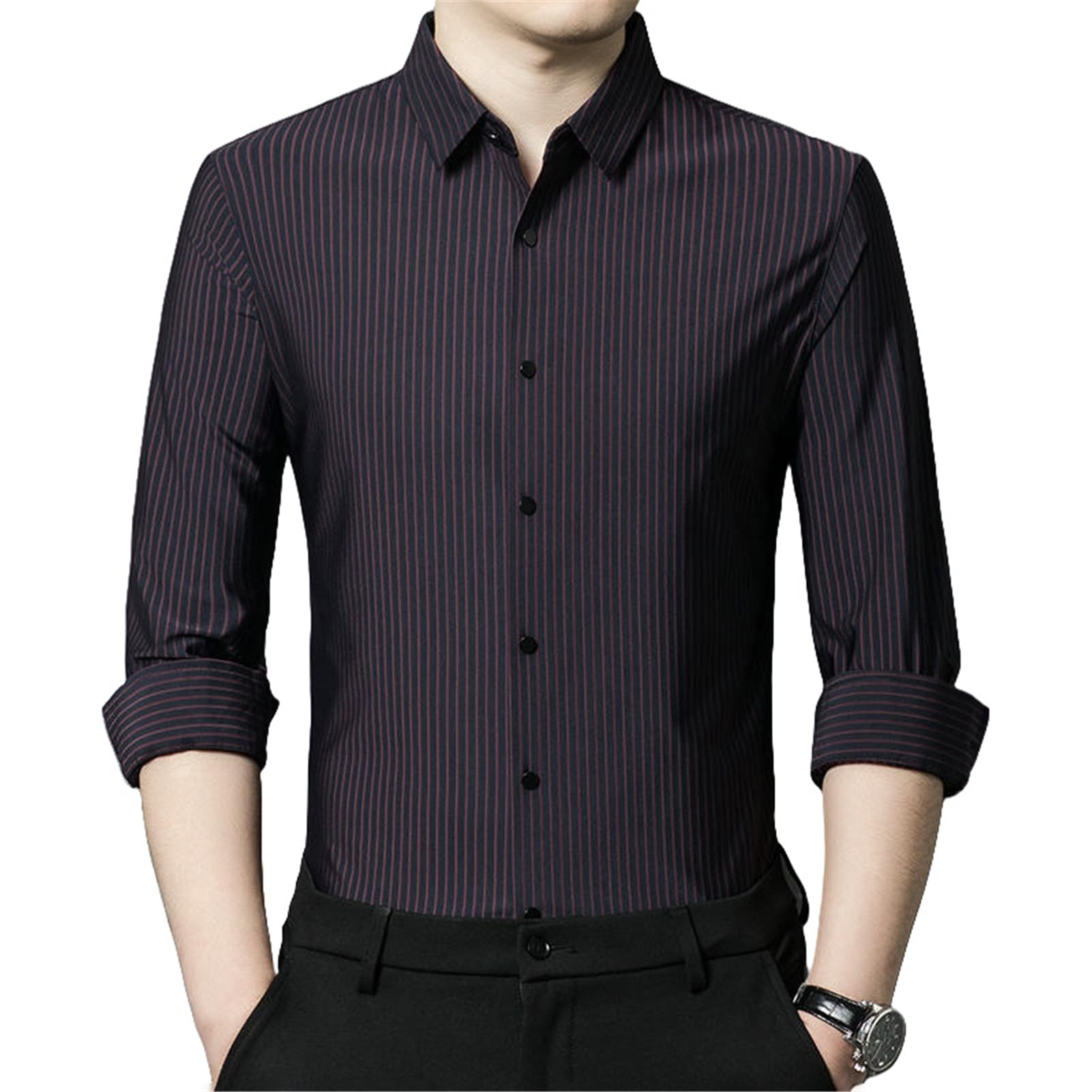 Camisa de algodón para hombre de vestir con rayas y corte ajustado 6