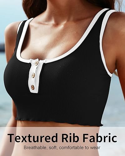 Miniatura 5 de Charmo Sporty - Traje de baño de dos piezas con tirantes acanalados cuello redondo bloques de color bikini para mujer camiseta deportiva sin mangas