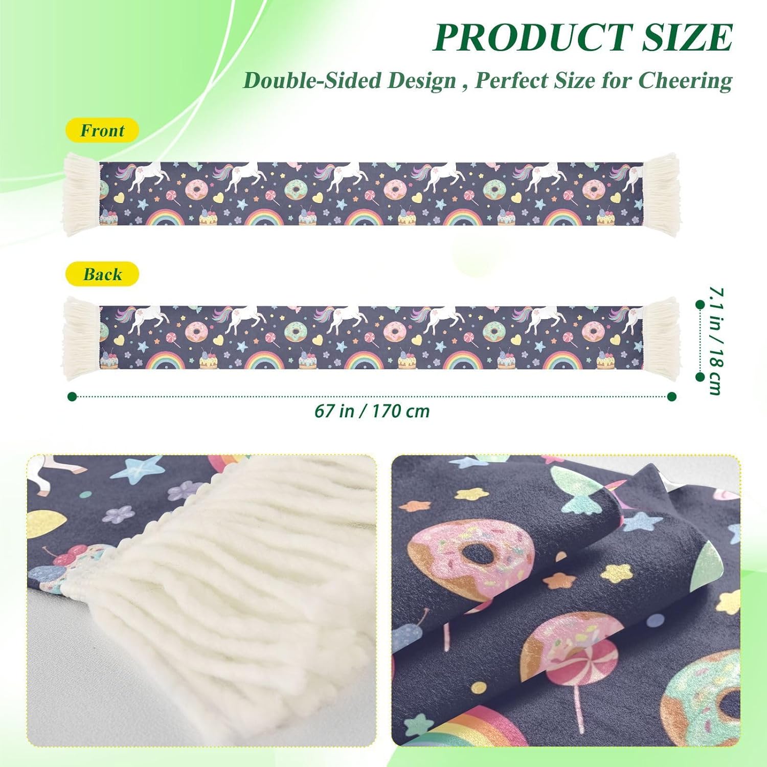 CHIFIGNO Unicorns Donuts Rainbows Sports Fan Scarf Towel, Soft Polyester Cheering Scarf for Soccer Games, Quick Dry Sweat Wipe Rally Towel