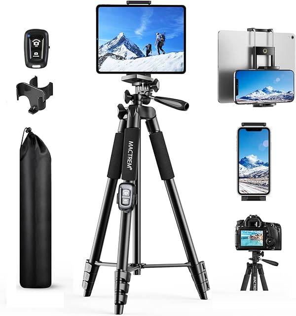 Phone Tripod, 2023 Upgraded 65inch/165cm Lightweight Portable Camera Tripod for iPhone/iPad/Samsung/Smartphone/Action Camera/DSLR Camera with Phone Holder & Wireless Bluetooth Control Remote