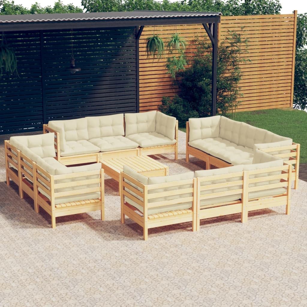 Set Salotto da Giardino 13 pezzi con Cuscini Crema in Legno di Pino per Spazi Esterni Relax, Lounge, Veranda, Patio, Terraces, Modulare e Resistente, Ideale per Famiglia e Ospiti