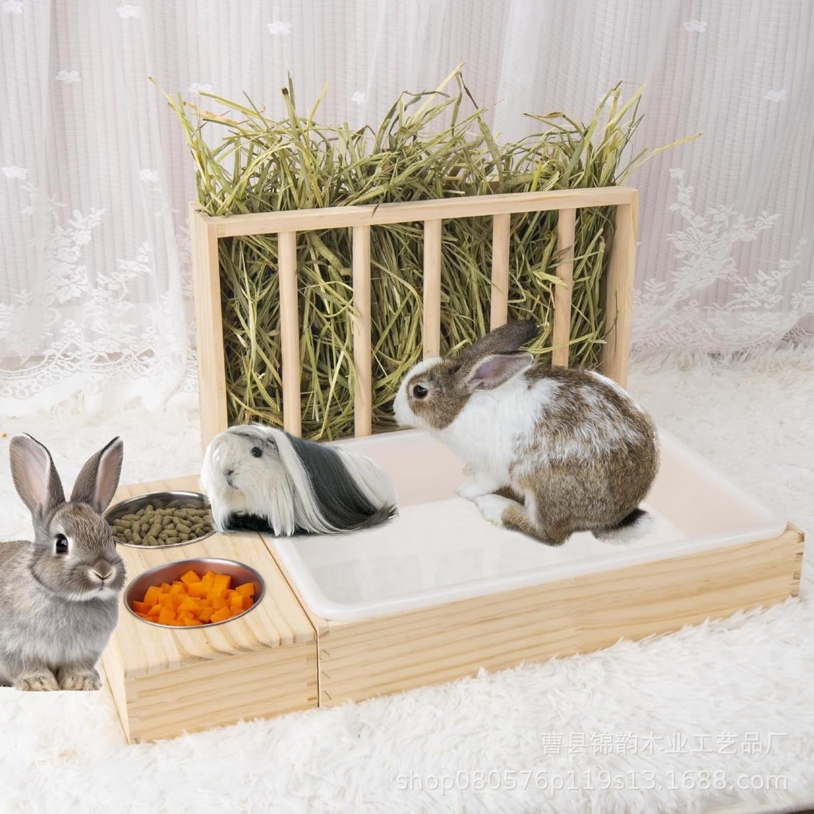 Distributeur de Foin pour Lapin,ratelier Foin Lapin ， râtelier à Foin avec litière en Plastique pour Chat, Toilettes, Hamster, Furet，Mangeoire à foin en bois massif, mangeoire anti-basculement pour la