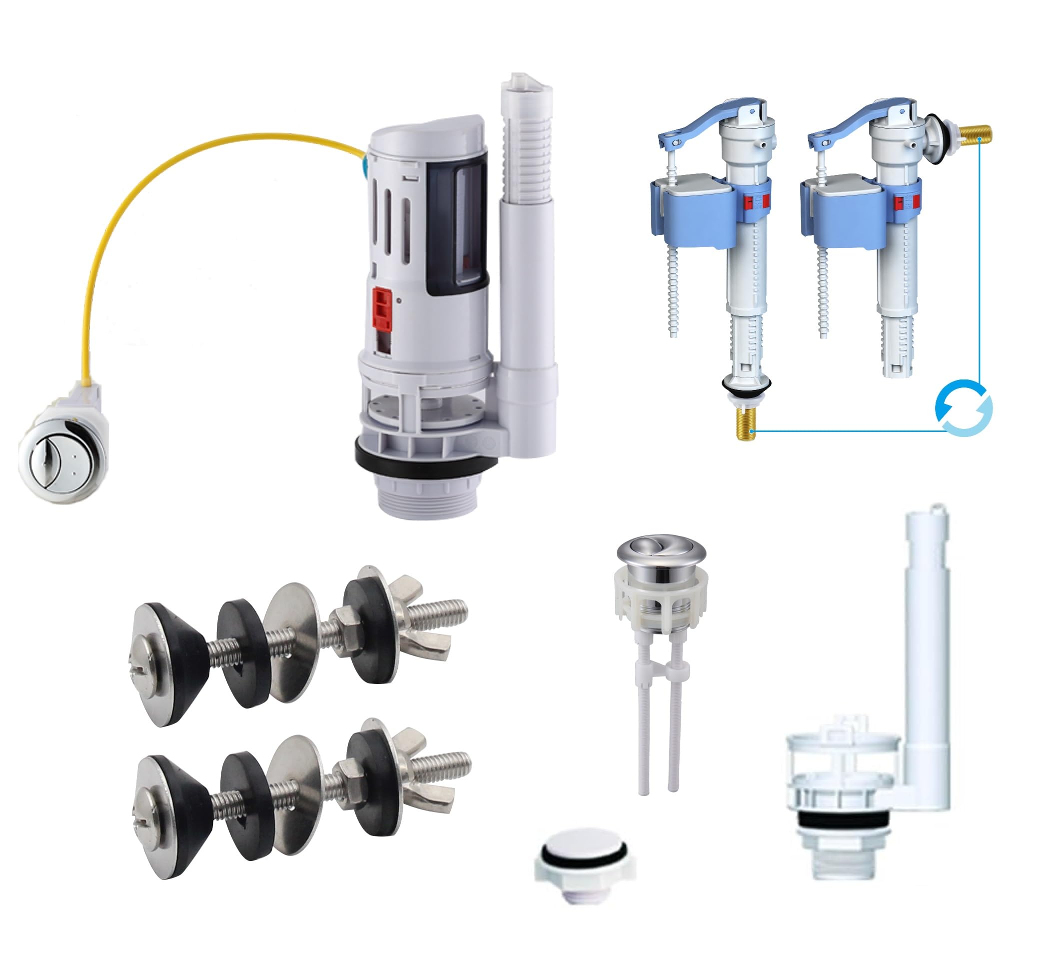 Evolve White Universal Dual Flush Valve With Push Button, Bottom Or Side Entry Cistern Spare Pack Complet Mechanism Kit Wras Approved