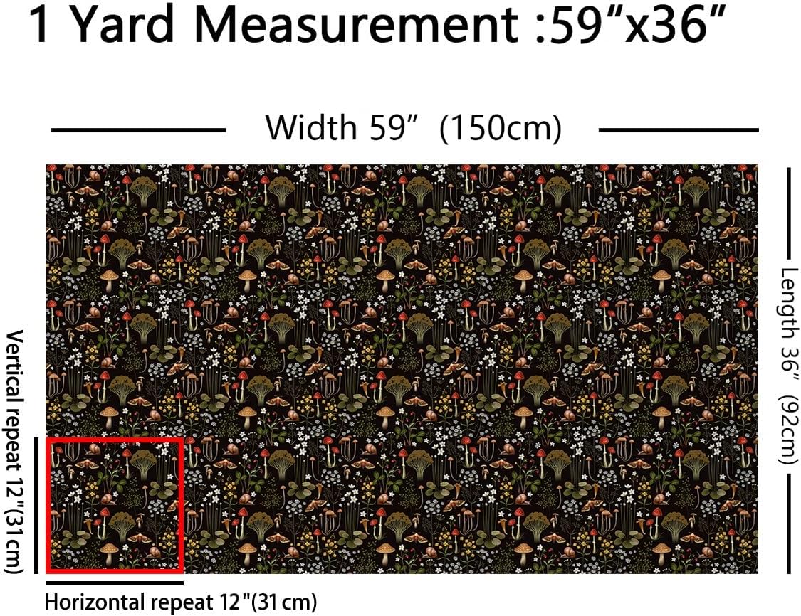 Cute Mushroom Fabric by The Yard, Jungle Flowers Plants Decor Upholstery, Butterfly Moth Floral Outdoor Fabric for Sewing, Nature Botanical Wild Plants Decorative, Black, 3 Yards