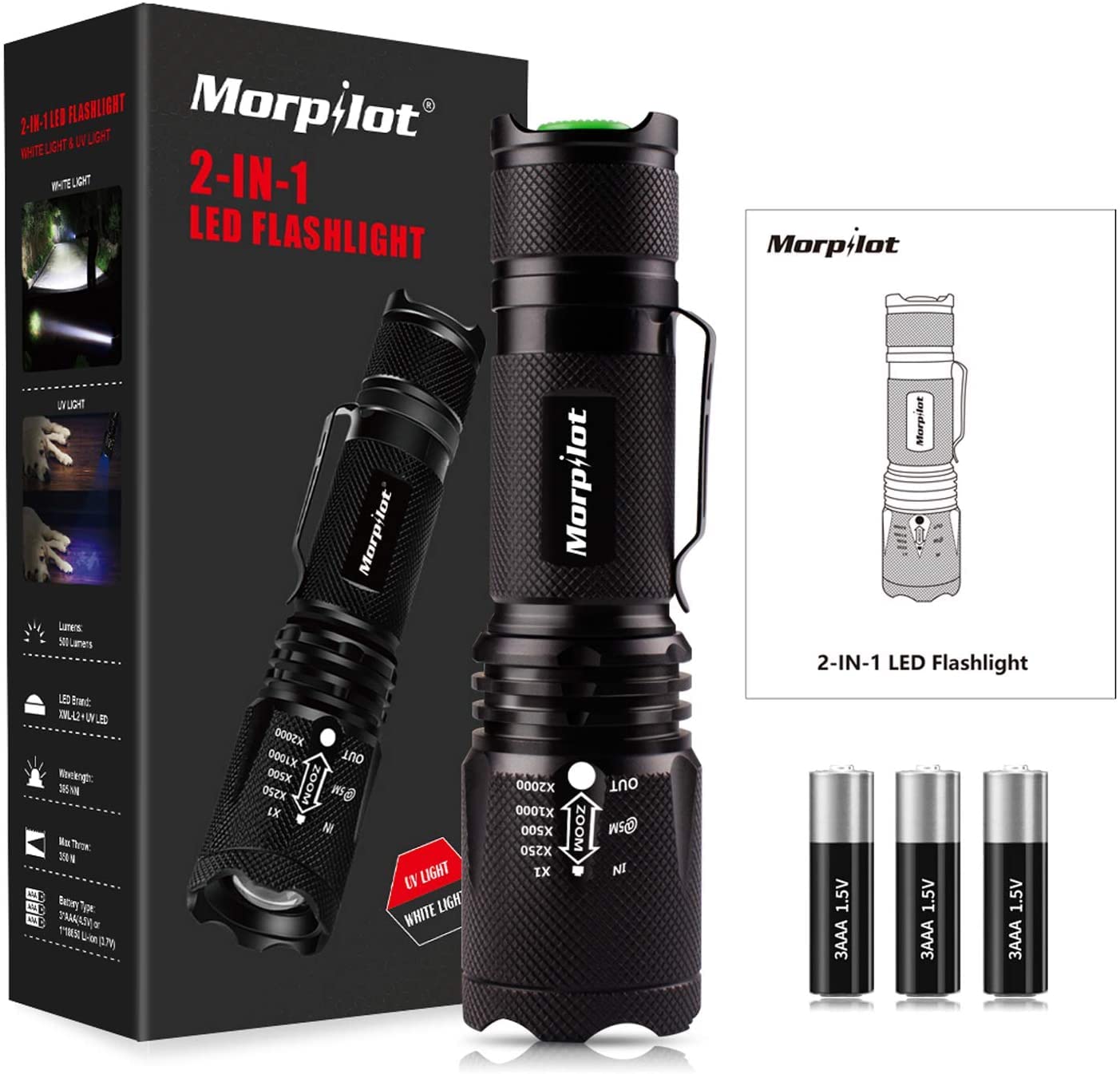 Morpilot Torcia UV 2 in 1, LED Luce Nera 500 Lumen, Messa a Fuoco Regolabile, Rilevatore di Urina e Banconote da Compagnia, Impermeabile IPX4, con 3 Batterie, nero