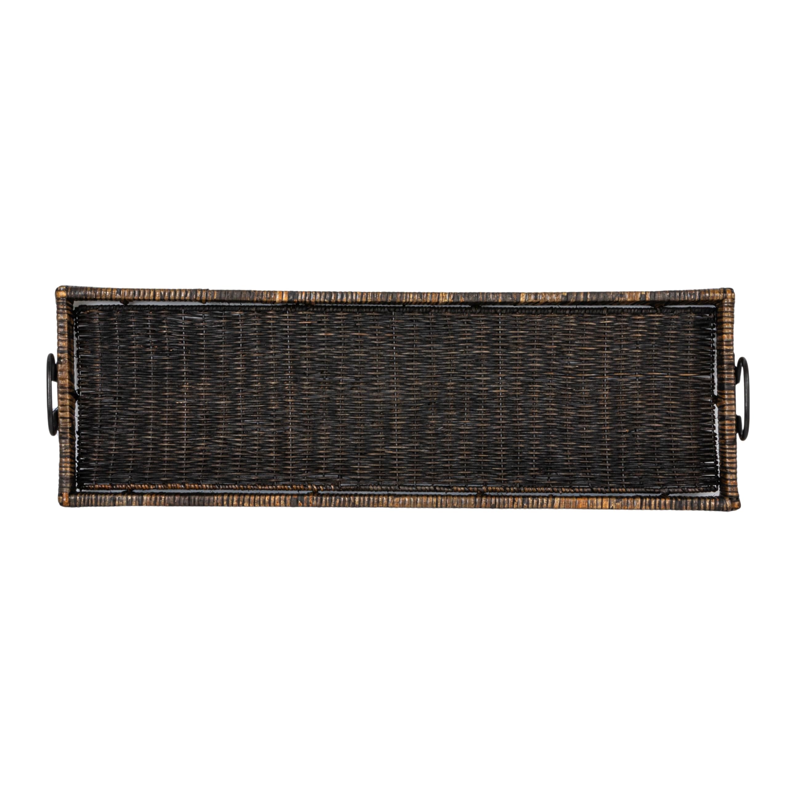 Creative Co-Op Black Rattan & Wood Tray with Handles