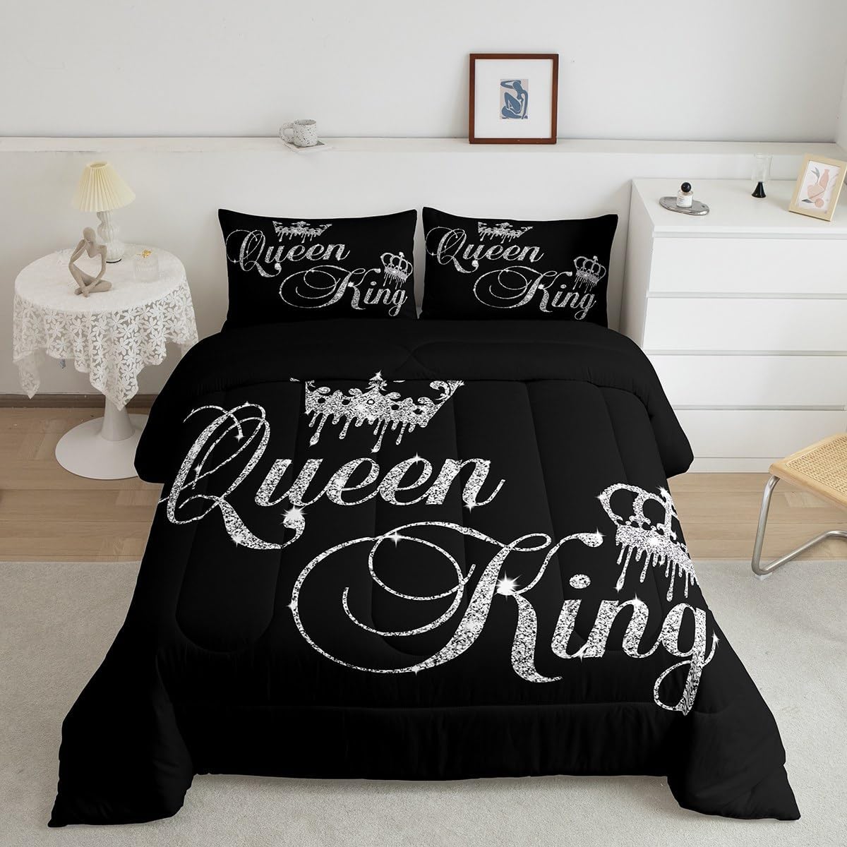 Feelyou Crown Queen and King Couple Comforter Sets His and Hers Bedding Set for Teens Women Men Black Grey King Size,Lover Romantic Valentine's Day Decorations Quilt Set All Season(No Glitter)