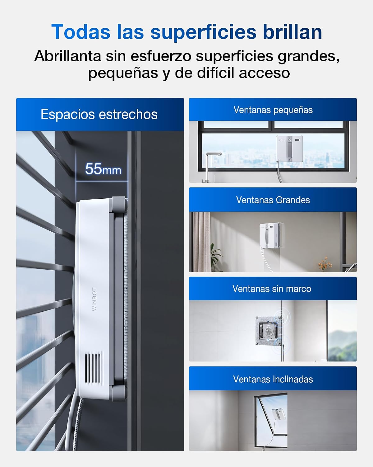 ECOVACS Robot limpiacristales WINBOT Mini diseño Compacto, boquillas Dobles con pulverizador ultrasónico, Sistema de protección de 9 etapas, planificación Inteligente de rutas, 3 Modos de Limpieza 5