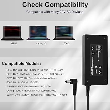 120W 20V 6A Charger Compatible with MSI Thin GF63 13 12 11th Laptop GV15 Thin Cyborg 15 A12V A13V Summit E16 Flip A13V Power Supply GF63 Thin Charger Creator M14 Power Cord