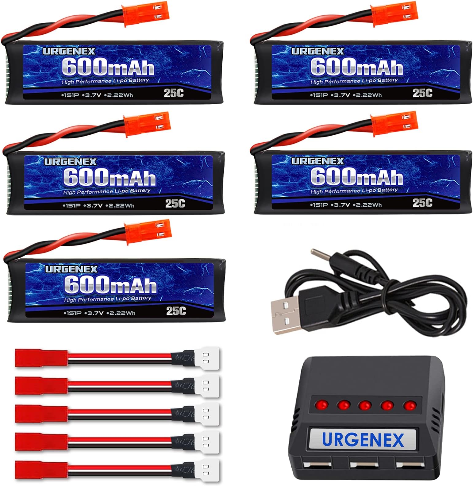3.7v Lipo Battery 600mAh with JST Plug 1S Li-Po Battery with X5 Battery Charger for UDI U817 U817A V959 V222 V929 RC Drone Quadcopter 5PCS Aircraft Batteries