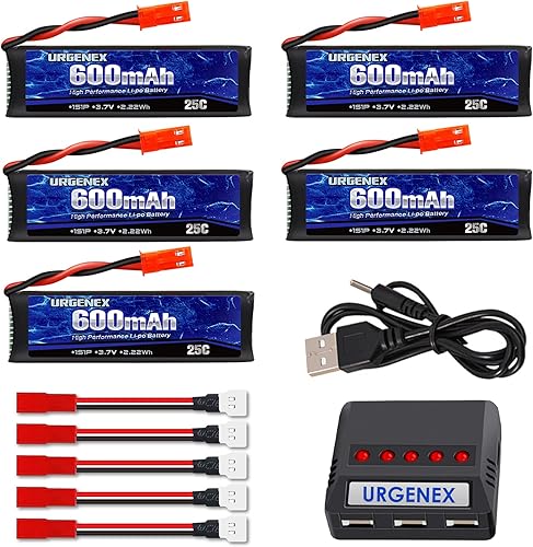 URGENEX 3.7 V Lipo Batería 600 mAh con JST Plug 1S Li-Po Batería con Cargador de Batería X5 para UDI U817 U817A V959 V222 V929 RC Drone Quadcopter