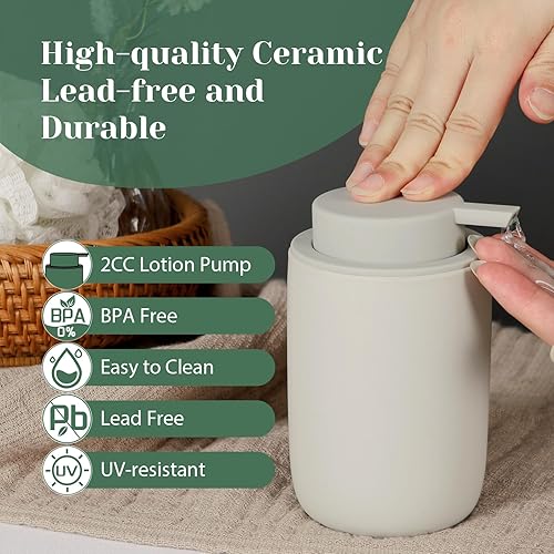 Miniatura 4 de INGOFIN Juego de dispensador de jabón de loción de cerámica, paquete de 2 (12 onzas) dispensador de jabón de manos de baño con bomba, juego de