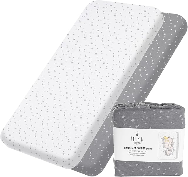 Organic Cotton GOTS 2 Fitted Sheets Compatible Next2me, Snuzpod and All Bedside Cribs, bassinets up to 90x55cm Pack of 2 Sheets (Stars)