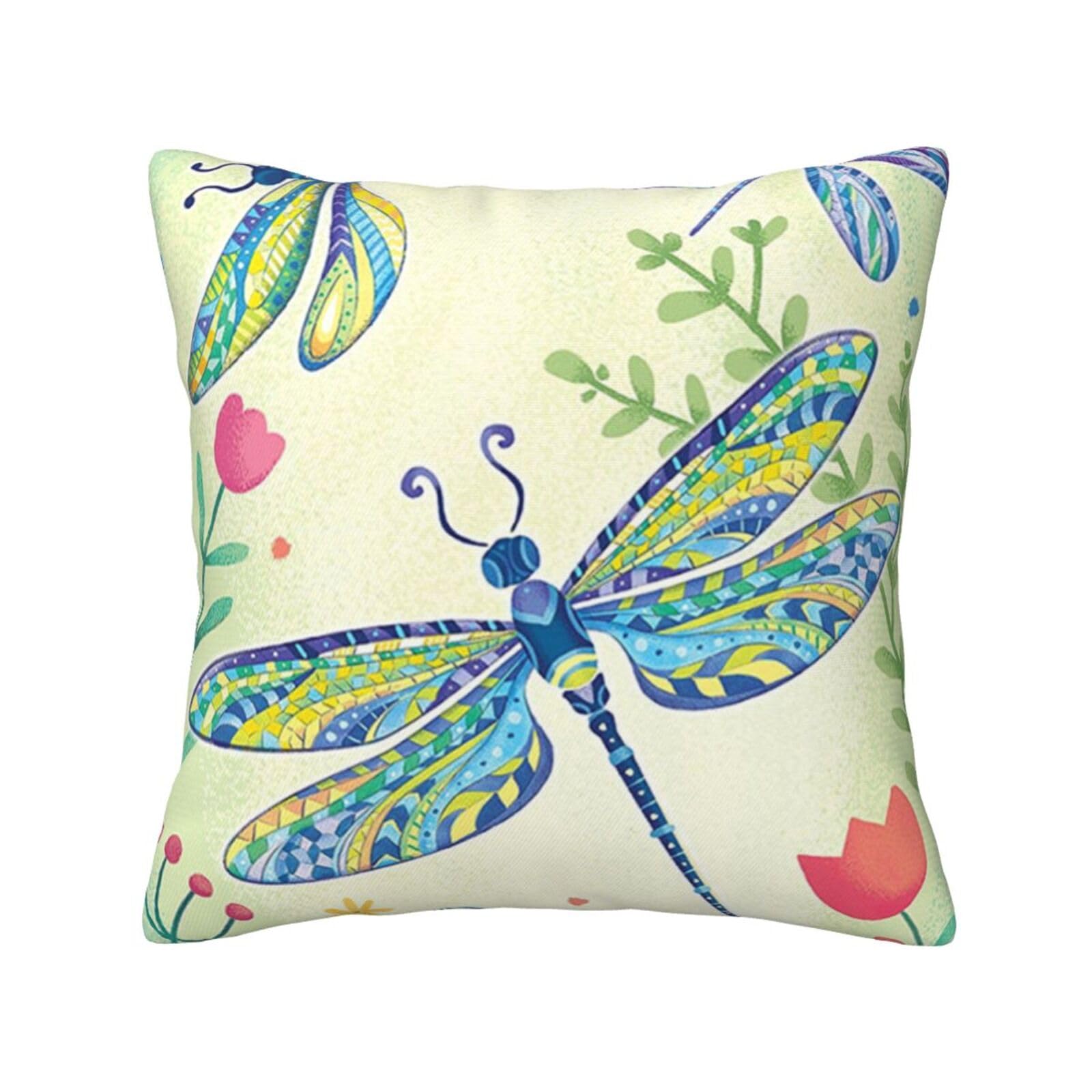 FFSHKOWE Dragonflies and Flowers Decorative Throw Pillow Cover Double-Sided Printed Cushion Cover for Sofa Couch Bed Chair 50 x 50cm