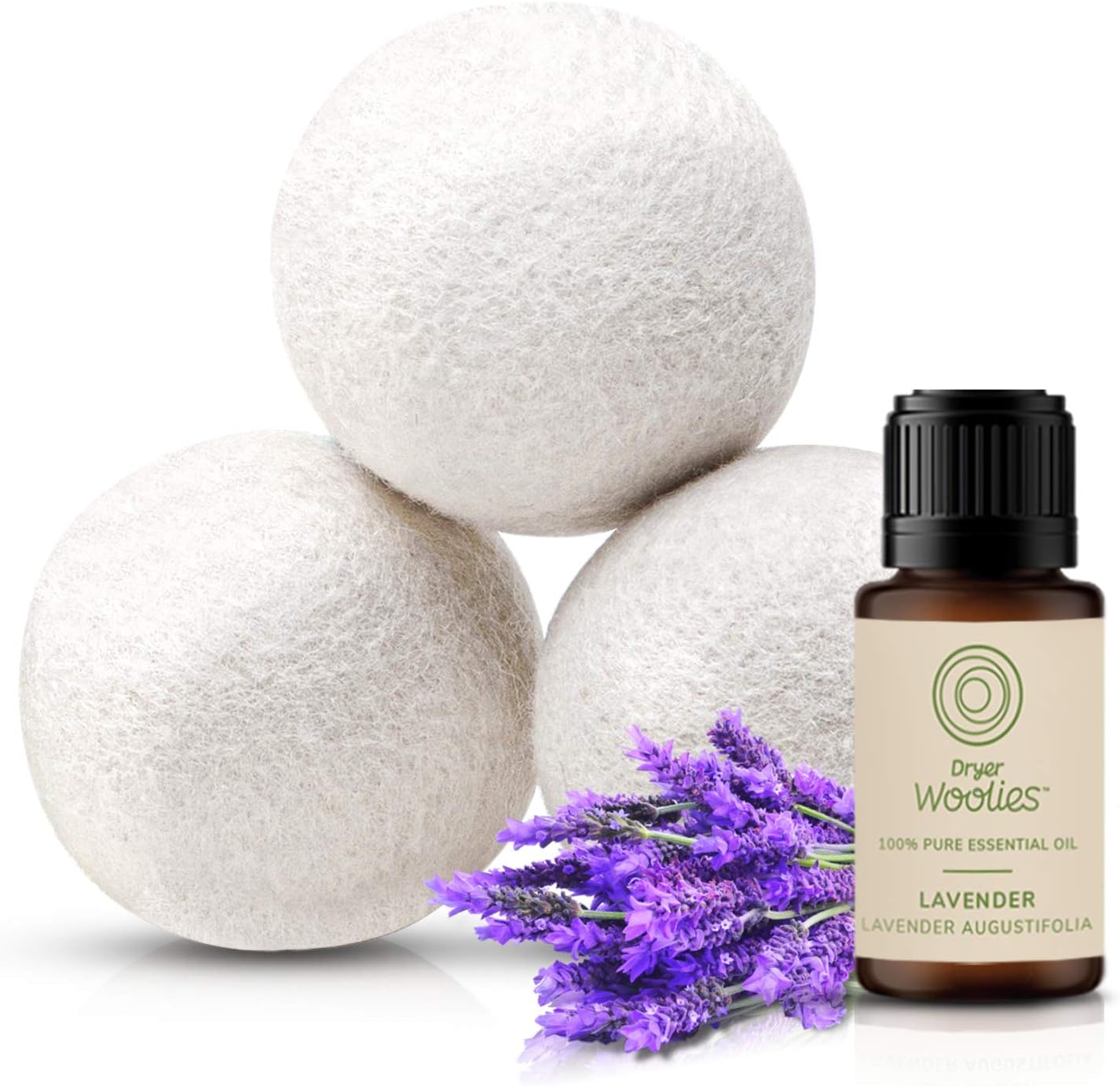 Wool Dryer Balls (3 Balls w/ 1 Lavender Oil) Reusable Organic Fabric Softener and Dryer Sheets Alternative Laundry Balls, Reduce Clothing Wrinkles and Drying Time