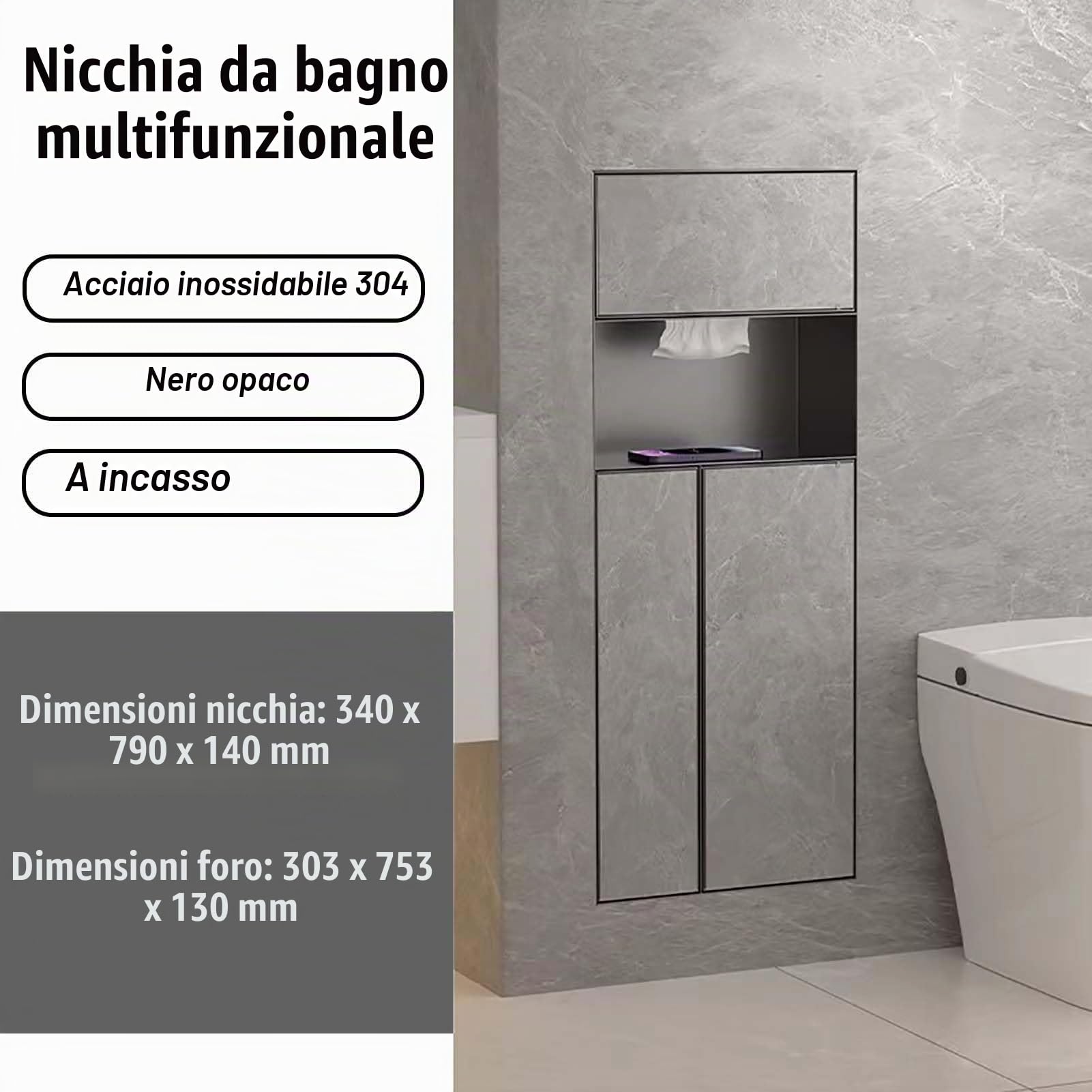 Portarotolo da Incasso per Carta Igienica per Bagno, Nicchia Doccia a Scomparsa Piastrellabile, Dispenser Carta Igienica Incasso con Cestino per i Rifiuti