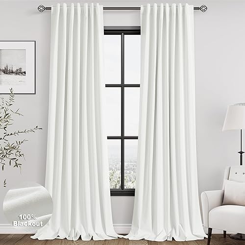 Miniatura 9 de Full Black Out White Window Curtain Panels 102 Inches Long 2 Panels Set for Living Room Cotton Textured Long Blackout Curtains With White Backing