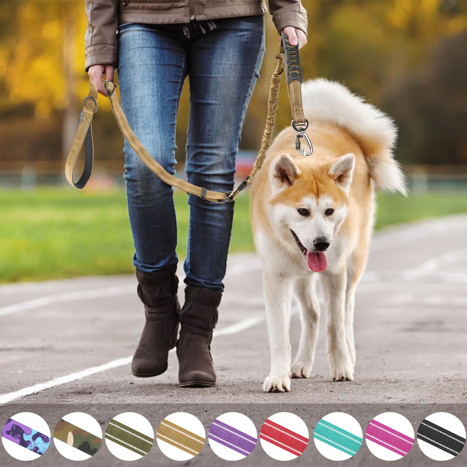 Correa táctica resistente para perro, correa elástica para perro de 4 a 6 pies, reflectante militar, fuerte, sin tirones, con 2 asas acolchadas y cinturón de seguridad de coche para perros