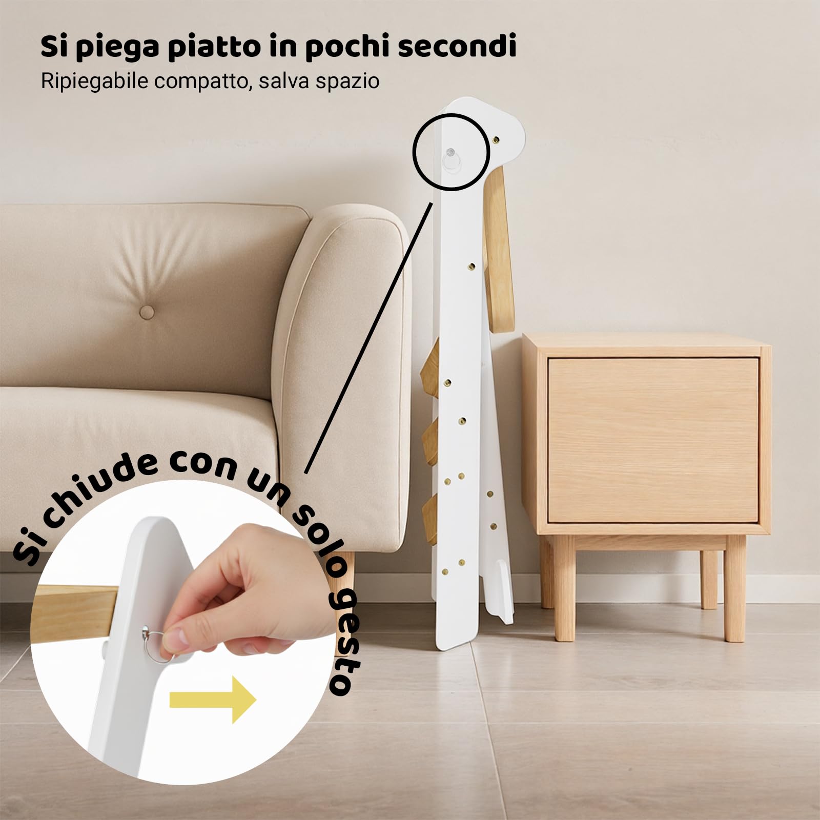 COSYLAND Torre Montessoriana Pieghevole Pre-Assemblata – Torretta Montessoriana Regolabile in Legno, Design Premiato IF, Sicura, Salvaspazio e Adatta ai Bambini 18M-6A (Bianco & Naturale)