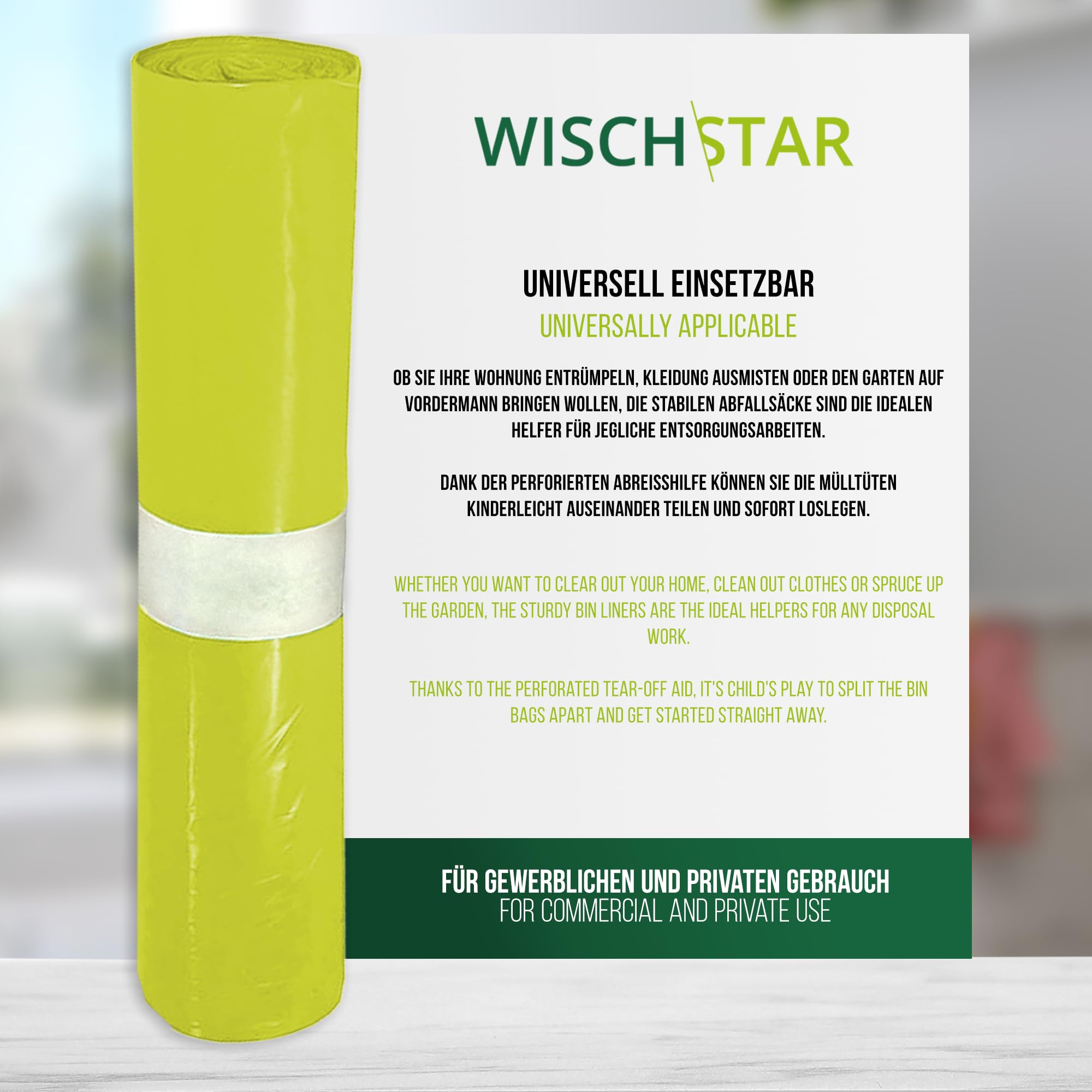 Wisch Star Müllbeutel 120L in Gelb, 10 Rollen à 25 Stück | Mülltüten groß 700x1100mm extra stark, reißfeste und stabile Abfallsäcke, Schwerlast Müllsäcke für hohes Müllaufkommen