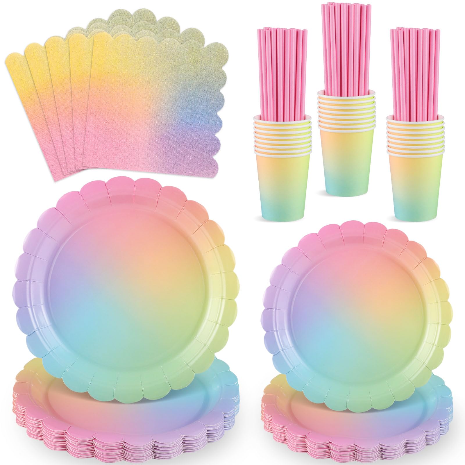 NatNarr 125 Stück Regenbogen Partygeschirr Set, Teller Pappe mit Wellenrand Servietten Pappbechern Strohhalmen für Babypartys Hochzeiten Geburtstage