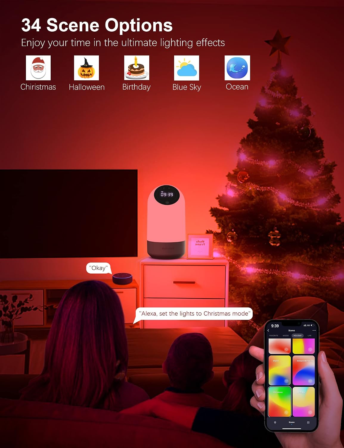 Eyesound Y13 Smart Touch Table Lamp displaying various scene options like Christmas, Halloween, Birthday, Blue Sky, Ocean