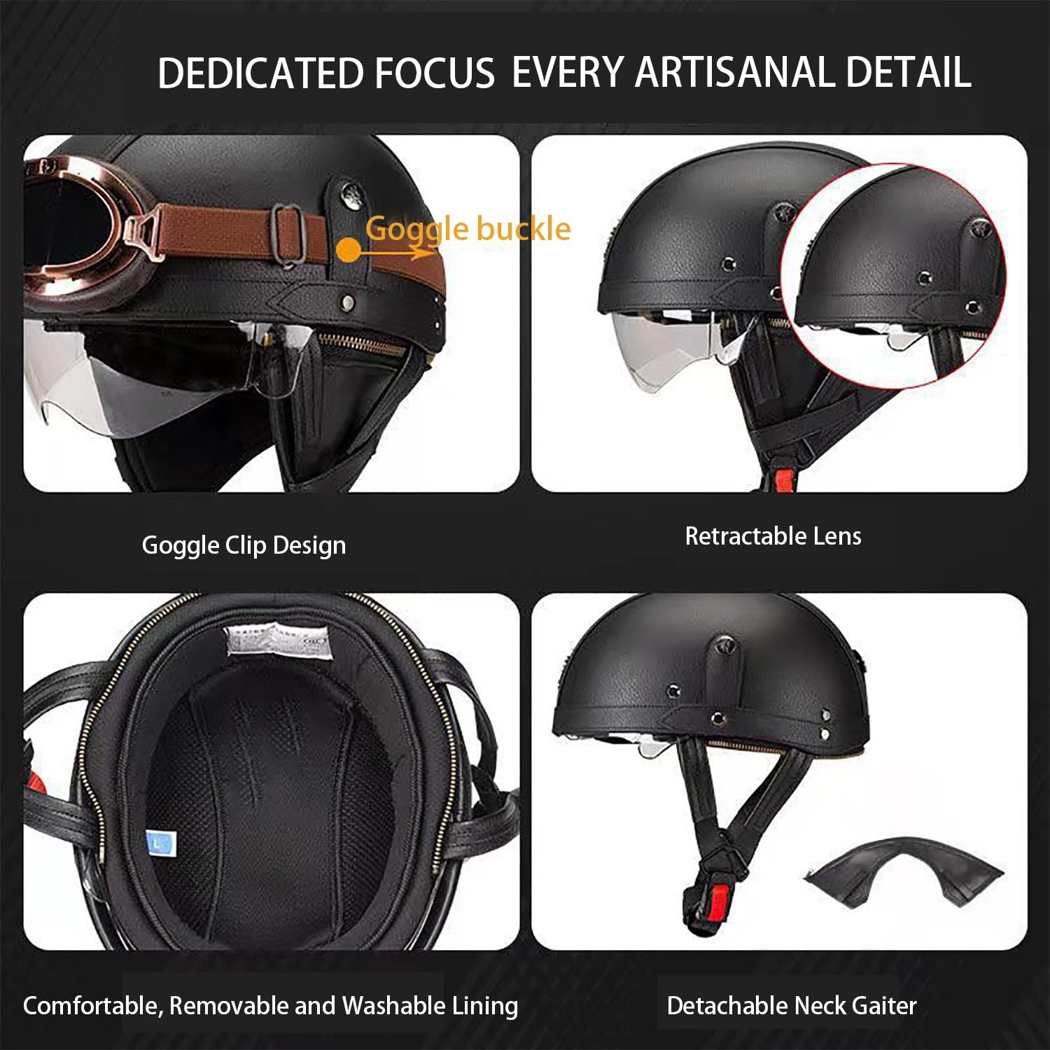 Retro Motorrad Halbhelme Leder Halbhelm, Halbschalenhelm Mit ECE, Deutscher Leder-Motorrad Halbhelm Mit Schutzbrille Visier, Für Moped Fahrrad Cruiser Scooter Chopper L,M (57-58CM)
