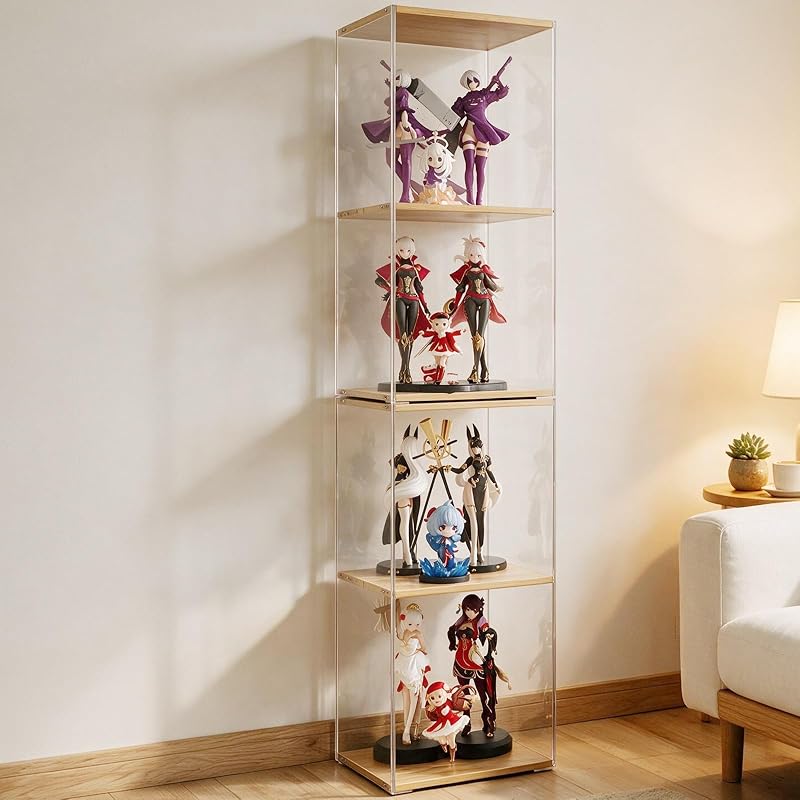 2 Pack Clear Display Shelf & Display Cabinet, Tall 4-Tier Acrylic Display Case, Stackable Collectible Display Case for Action Figures, Trophies, Hobby Collection, Desktop & Floor Showcase