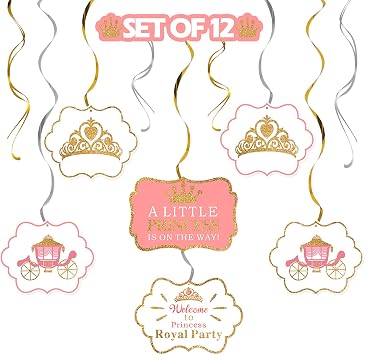A Little Princess Royal Crown Pink Swirls Streamers - 12 pcs Princess Baby Girl Birthday Shower Party Decorations Gift Sign.