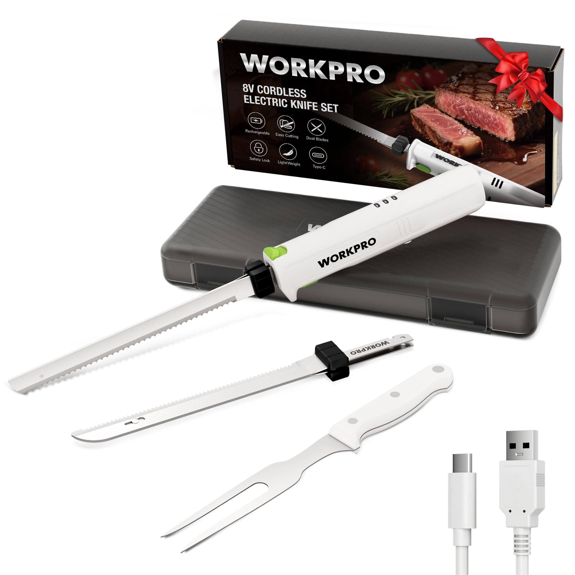 WORKPRO Cordless Electric Knife Set, 8V Electric Bread Knife with 2 Stainless Steel Blades & Fork, Electric Carving Knife for Steak, Ham & Bread, Storage Case Included, White