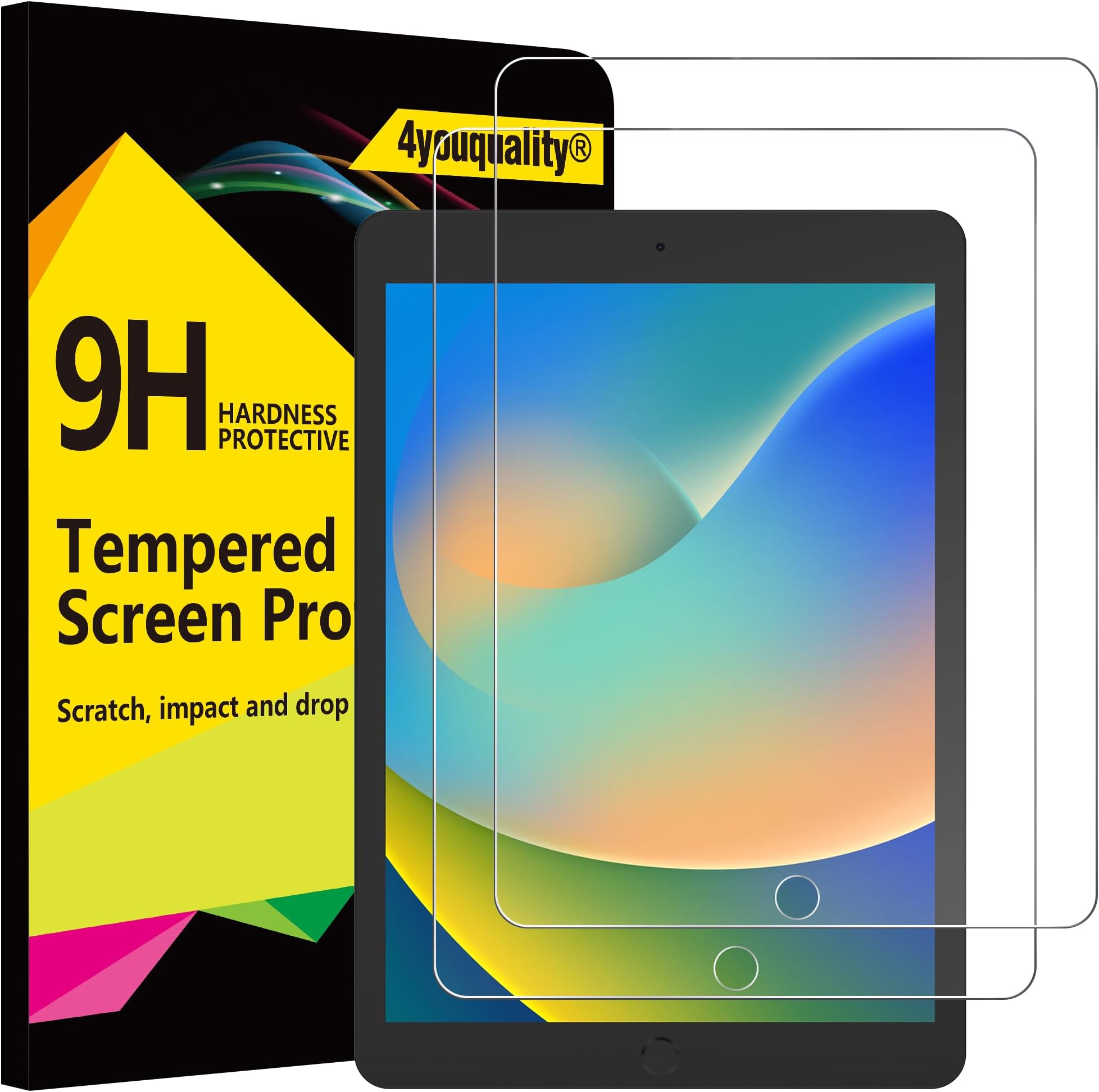 4youquality [2-Pack Screen Protector for iPad 9 (2021 Model)/ iPad 8 (2020 Model)/ iPad 7 (2019 Model)[10.2-Inch, 9th/8th/7th Generation] Tempered Glass Film, Anti-Scratch, Impact-Resistant