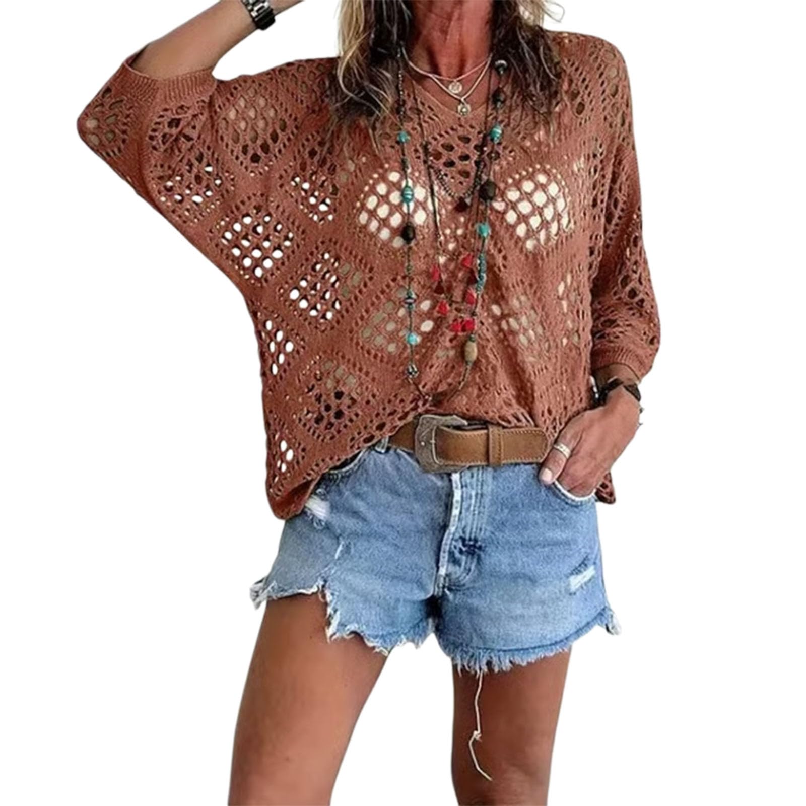 Top de crochet calado Jeeeun transpirable y suelto con cuello redondo para el verano de mujer 7