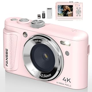 Digital Camera, 4K Vlogging Camera with 64MP, Point and Shoot Digital Cameras with 18X Zoom, Anti-Shake, Mode Dial, 32GB SD Card, Card Reader, Charger, Compact Small Cameras, Pink - Amazon product rated Grade B