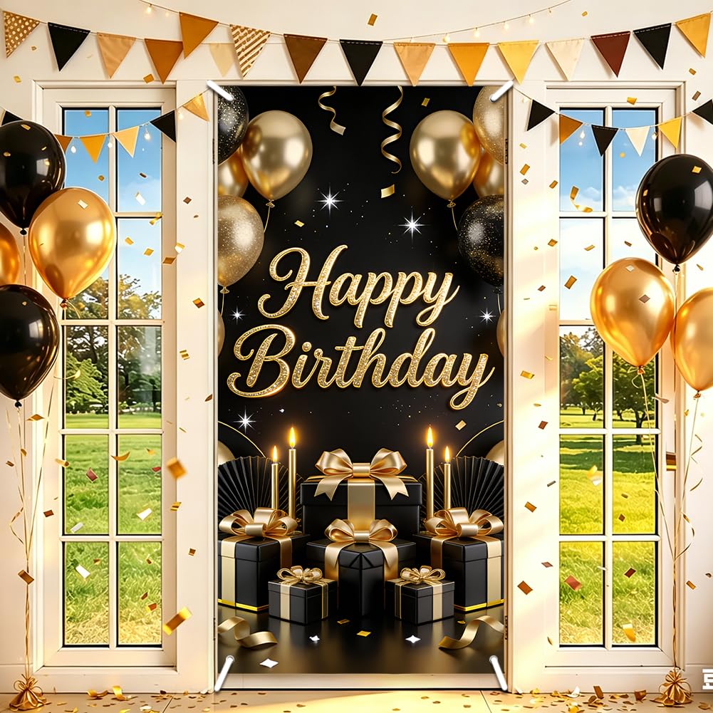 SUPERDANT Happy Birthday Party Decorations and Banners Reusable Washable Banner Luxury Black Gold Large Party Backdrop for Adult Birthday Decor Photo Shoot 185x90cm