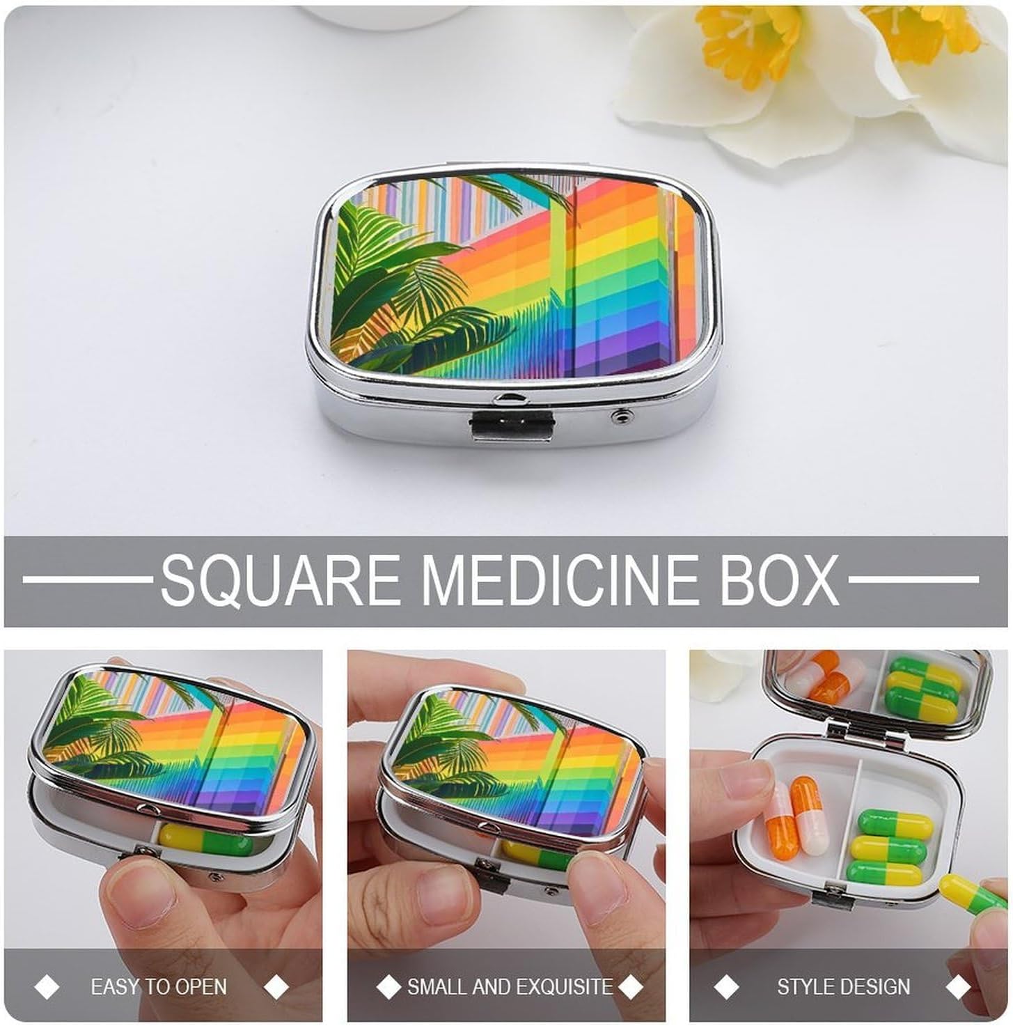 Pill Box 2 Compartment Metal Medicine Pill Organizer Rainbow Color Stripe Pill Case for Purse Or Pocket Cute Mini Portable Pill Holder Travel Pill Container to Hold Supplements, Vitamins, Fish Oil image 4