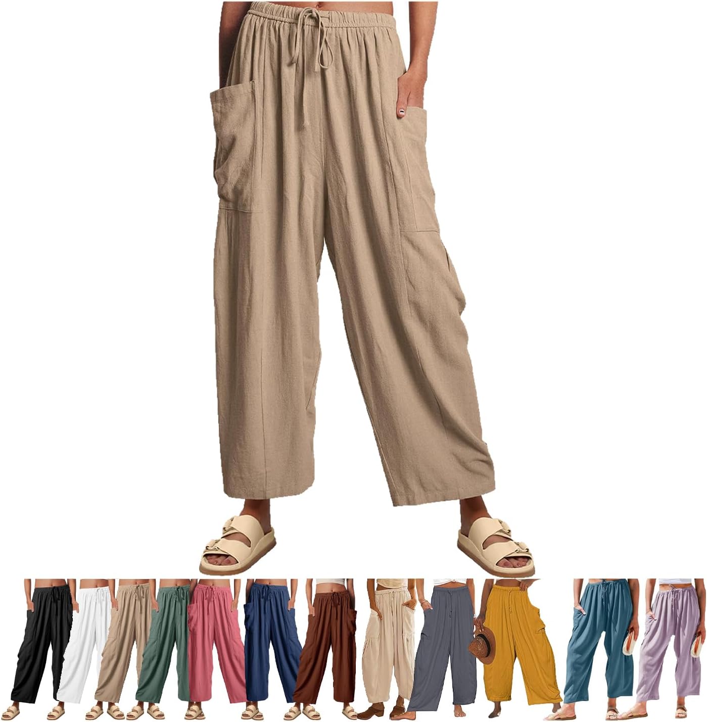 Women's Linen Wide Leg Pants with Pockets,Casual Loose Drawstring Summer Beach Travel Vacation Palazzo Harem
