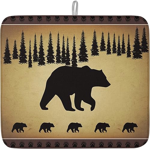 Debedcor Tapete de secado de platos de oso para encimera de cocina, almohadillas de microfibra de cabaña de bosque de pinos, tapete absorbente para