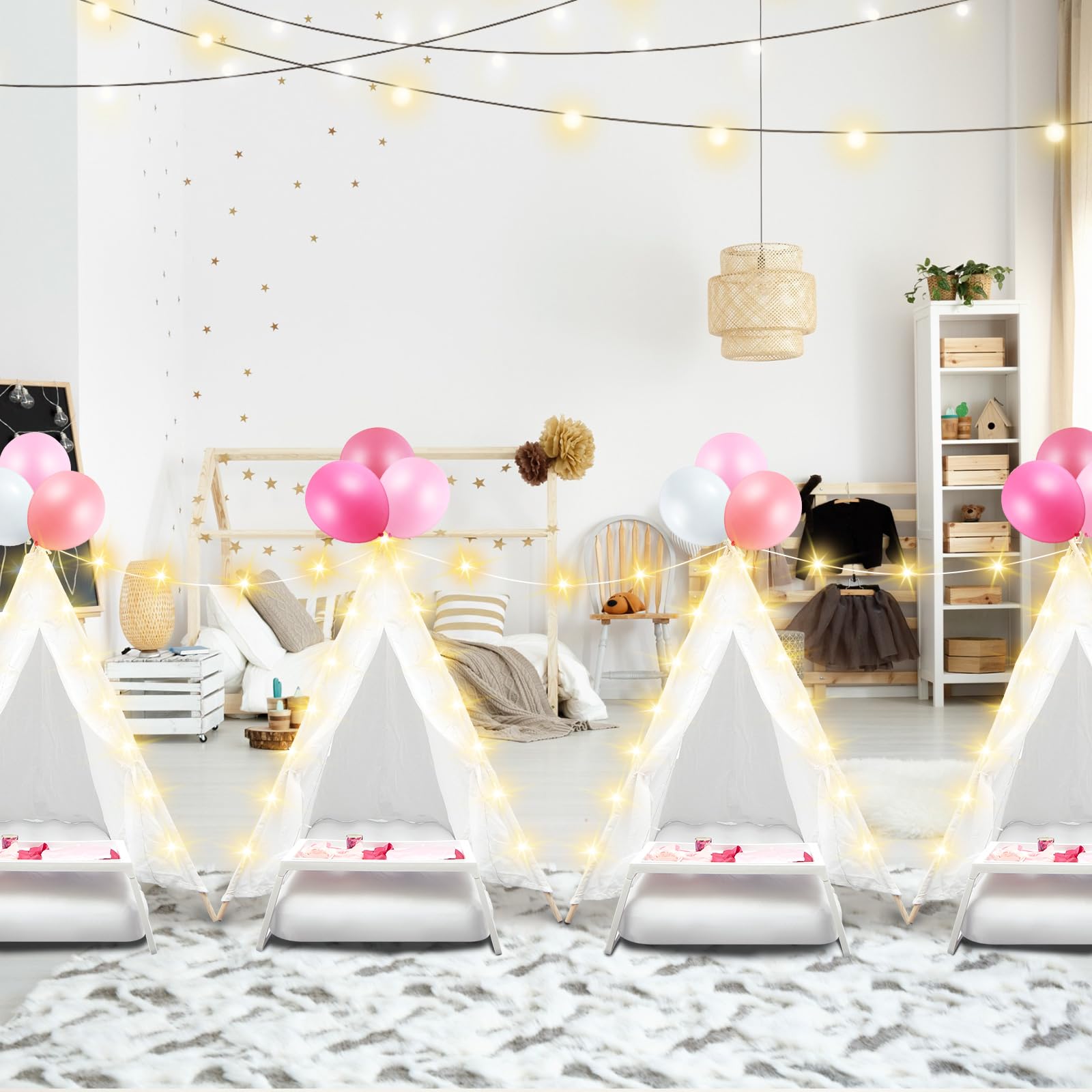 Lot De 6 Tipis Enfants Avec Matelas Gonflables Et Guirlandes – Kit Soirée Pyjama Complet, Cabane Intérieur Extérieur