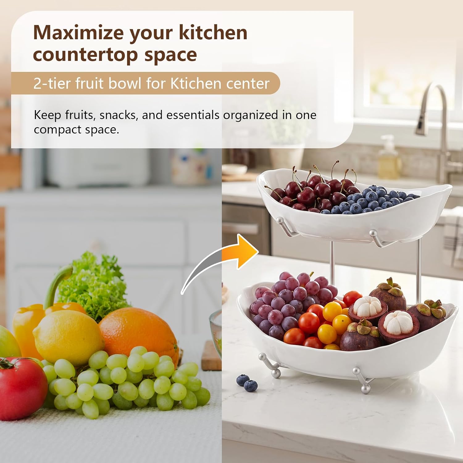 Ceramic Fruit Bowl for Kitchen Counter, 3 Tier Fruit Basket with Metal Stand, Tiered Fruit Stand for Countertop, Snack, Nuts, Cake, Dessert (2 tier)