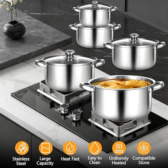 10pcs Stainless Steel Pot Set, 16-26cm Cooking Pots Set, Stainless Steel Cookware Set, with Glass Lid & Comfortable Handle, Fast Heating, Easy to Clean, Support Induction/Electric & Gas Cooktops (A)