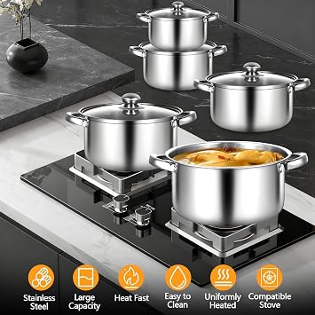10pcs Stainless Steel Pot Set, 16-26cm Cooking Pots Set, Stainless Steel Cookware Set, with Glass Lid & Comfortable Handle, Fast Heating, Easy to Clean, Support Induction/Electric & Gas Cooktops (A)